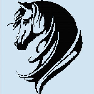 May include: A black and white pixelated illustration of a horse's head in profile. The horse's mane and facial features are detailed with flowing lines. The background is a light blue color.