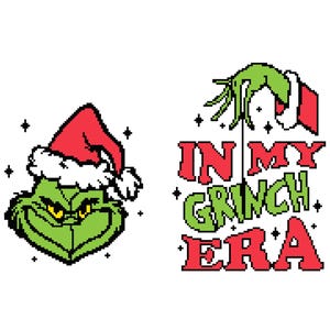 May include: A pixelated graphic featuring the Grinch's face wearing a Santa hat and the phrase "IN MY GRINCH ERA" in red and green. The Grinch's face is green with yellow eyes and a mischievous grin. The design is set against a white background.