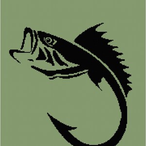 May include: Black silhouette of a fish with a hook in its mouth, on a green background.