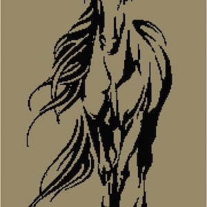 May include: A black and tan pixelated illustration of a horse. The horse is depicted in a forward-facing pose, with its flowing mane and tail adding a sense of movement. The artwork has a simple, graphic style.