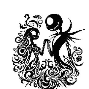 May include: A black and white illustration of two figures, possibly a couple, holding hands. They have large, round heads and are surrounded by swirling patterns. The image has a gothic or Halloween theme.