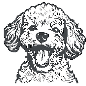 May include: A black and white illustration of a dog's face, with its mouth open and tongue visible. The dog has curly fur and a happy expression, with its eyes wide open. The image is a detailed line drawing.