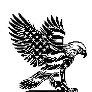 May include: A black and white graphic of an eagle with outstretched wings. The eagle's wings are designed with the stars and stripes of the American flag. The eagle is facing right, with its beak open.