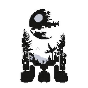 Könnte beinhalten: Schwarz-weiße Silhouette des Todessterns aus Star Wars mit einer Waldszene im Inneren. Der Todesstern steht auf weißem Hintergrund.