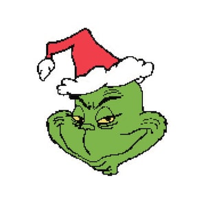 May include: A green Grinch character wearing a red and white Santa hat with a mischievous expression.