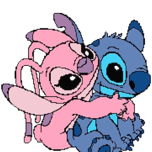 Puede incluir: Ilustración pixelada de dos personajes de dibujos animados abrazándose. Un personaje es rosa con orejas grandes y un acento morado, mientras que el otro es azul con ojos grandes y una sonrisa. El fondo es blanco.
