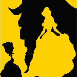 Könnte beinhalten: Digitale Illustration mit gelbem Hintergrund und schwarzen Silhouetten. Das Bild zeigt Charaktere aus einem Märchen, darunter eine Bestie, eine Prinzessin in einem Ballkleid und eine kleinere Figur.