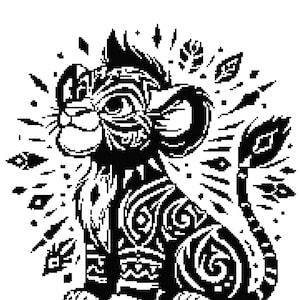 May include: Black and white illustration of a lion cub with intricate tribal patterns. The cub is sitting, with its tail curled and surrounded by decorative elements. The design is detailed and stylized, suitable for various applications.