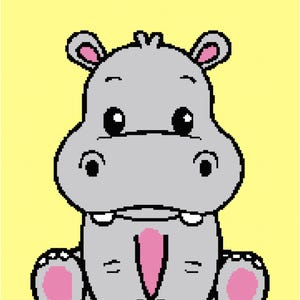 May include: A cartoon illustration of a gray hippopotamus with pink ears and feet. The hippopotamus is sitting with its legs crossed and has a pink snout.