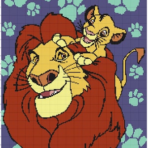 Puede incluir: Una ilustración de dibujos animados de Simba y Mufasa de la película de Disney El Rey León. Simba es un joven cachorro de león con una melena amarilla y ojos marrones. Mufasa es un león grande con una melena roja y ojos marrones. El fondo es una cuadrícula morada con huellas de patas verdes.