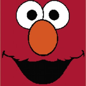 May include: A pixelated graphic design featuring a red background with two large white eyes containing black pupils, a prominent orange oval nose, and a wide black mouth with a jagged upper edge, creating a stylized character face.