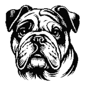 May include: A black and white illustration of a bulldog's face. The dog's features are detailed with shading, showing wrinkles and folds. The bulldog has a distinctive underbite and a serious expression.