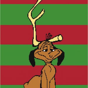 May include: A brown cartoon dog with antlers, wearing a red and green striped sweater. The dog is smiling and has a happy expression.