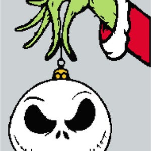 May include: A cartoon illustration of a green hand holding a white ornament with a Jack Skellington face. The hand has a red sleeve with white trim. The ornament has black eyes and a stitched mouth.