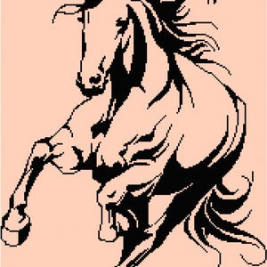 May include: A black and white illustration of a rearing horse against a peach background. The horse is depicted in a dynamic pose, with its front legs raised and its body arched. The image is a stylized representation of a horse.