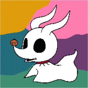May include: A white cartoon dog with a red collar and two long horns. The dog is holding a small orange jack-o'-lantern in its mouth. The background is a colorful abstract design.