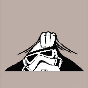 May include: A black and white graphic of a Stormtrooper helmet and hand, emerging from a dark background. The helmet is white with black details, and the hand is raised in a fist. The background is a solid, muted tan color.