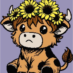 May include: A cartoon illustration of a Highland cow with a sunflower crown. The cow is brown and tan with black spots and a sad expression. The background is a light purple color.