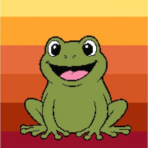 May include: A pixelated illustration of a smiling green frog with large black eyes and a pink tongue. The frog is set against a background of horizontal stripes in shades of yellow, orange, and red.