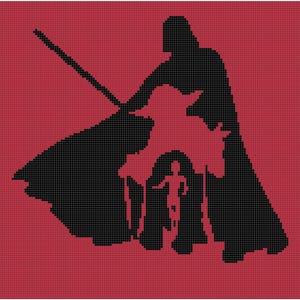 Pode incluir: Uma silhueta preta de Darth Vader segurando um sabre de luz, com uma silhueta menor de uma pessoa atrás dele, sobre um fundo vermelho.