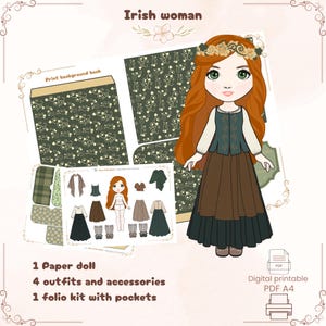 Irlandaise, poupée en papier de style vintage avec 4 costumes vintage - Objet de collection inspiration fait main