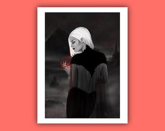 May include: A woman with white hair and red lips stands in a dark, misty landscape. She wears a black cloak with a jagged collar and holds a red flower in her hand.