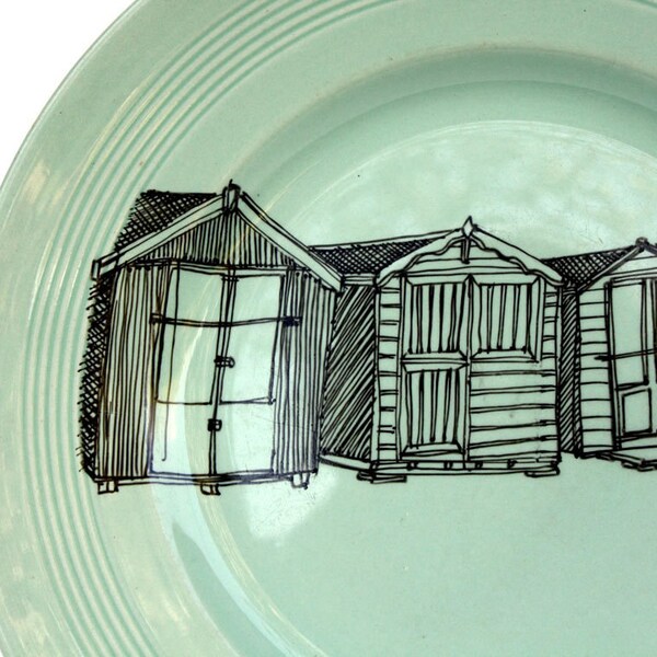 Reserved for wreckedbeauty Illustrated Up-cycled Plate, Beach Hut