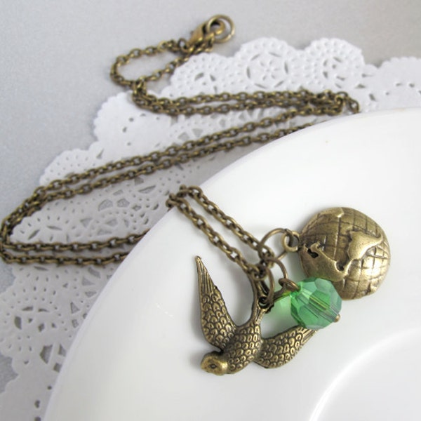 Flying Around the World. World Glode Pendant Sparrow Bird and Green Glass bead