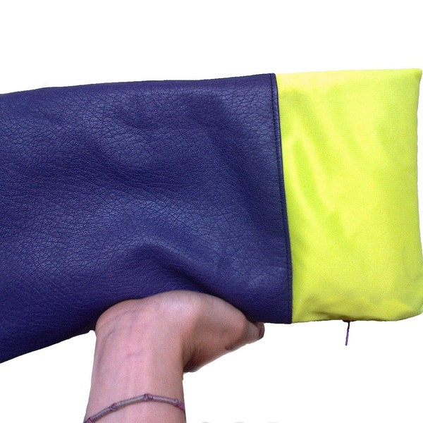 Clutch purse, Fold over, Faux leather,  Neon Fabric , Color Block