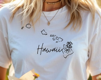 Hawaii Map Floral Script T-Shirt | Minimalist Aloha State Tee