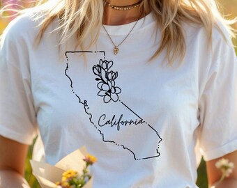 California Map Floral Line Art T-Shirt | Minimalist Golden State Tee