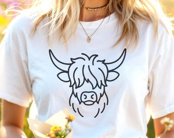 Highland Cow Line Art Tee | Scottish Cattle Minimalist T-Shirt