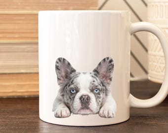 Pied Merle Fluffy French Bulldog Portrait Mug | Rare Frenchie Ceramic Coffee Cup (11oz, 15oz)