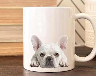 White French Bulldog Peeking Portrait Mug | Ceramic Coffee Cup (11oz, 15oz)