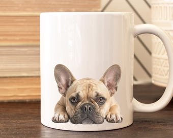 Fawn French Bulldog Peeking Portrait Mug | Ceramic Coffee Cup (11oz, 15oz)