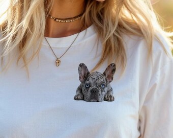 Merle Frenchie Peeking Portrait T-Shirt | Minimalist Dog Lover Tee | Bella+Canvas 3001