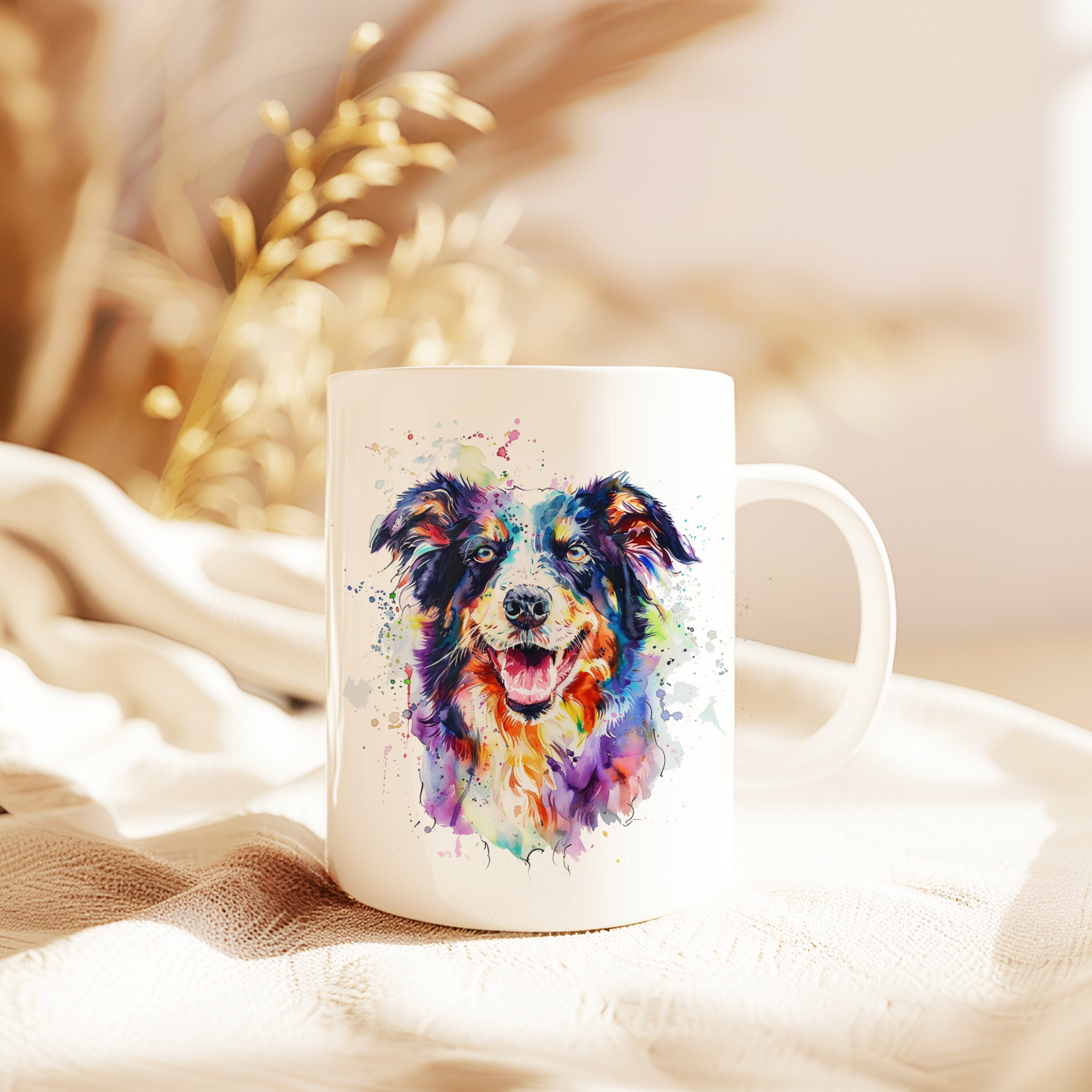 Australian Shepherd Watercolor Portrait Painted Coffee Mug Dog