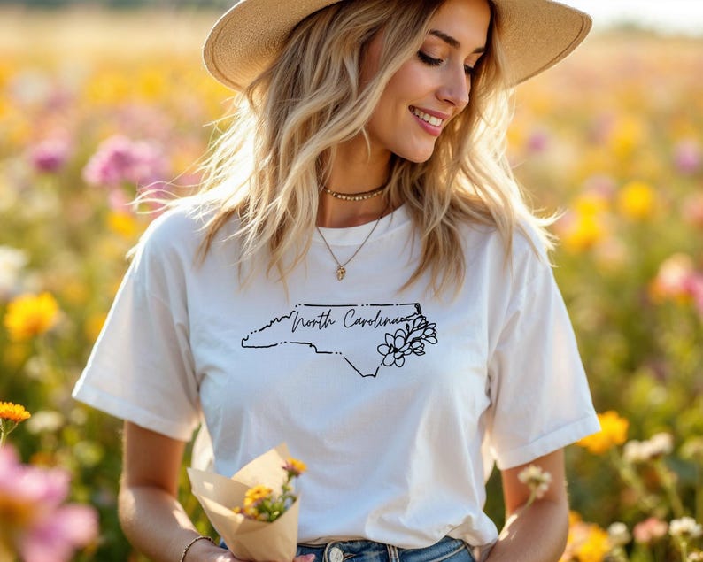 North Carolina Map Floral T-Shirt | Minimalist State Line Drawing Tee image 1