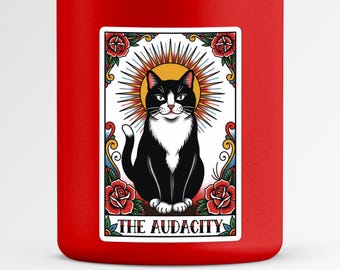 The Audacity Cat Sticker | Sassy Tuxedo Cat Tarot Card Vinyl Decal | Sun Halo & Roses | Funny Cat Attitude