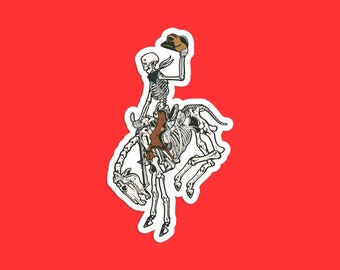 Skeleton Cowboy Riding Skeleton Horse Sticker, Gothic Western Art, Skeleton Rider, Cowboy Skull, Eerie Skeleton Design, Halloween Sticker