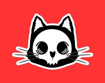 Può includere: Illustrazione in bianco e nero di uno scheletro di gatto con occhi grandi. Lo scheletro di gatto è delineato in bianco e ha uno stile semplice e cartonato.