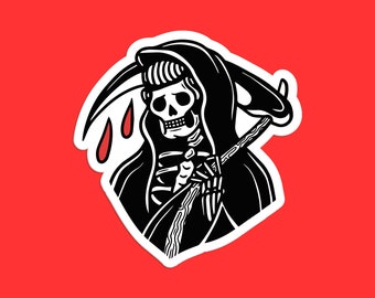May include: Black and white illustration of the Grim Reaper with a scythe, wearing a hooded robe. Three red drops of blood are falling from the top of the image.