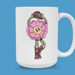 Taza con diseño de vaquera, taza de café con dibujos animados, divertido diseño floral, regalo único para amantes de las plantas, taza divertida, 12 oz o 15 oz