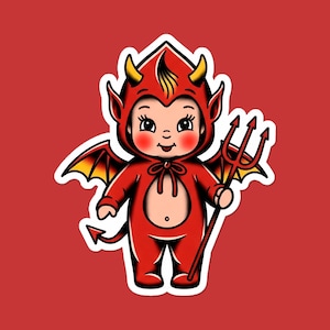 May include: A sticker of a cartoon devil baby in a red outfit with yellow horns, wings, and a pitchfork. The baby has rosy cheeks and a smiling expression. The background is a solid red colour.