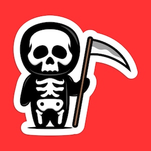 Skeleton Scythe Sticker, Grim Reaper Cartoon Art, Halloween Skeleton Decal, Cute Grim Reaper Sticker, Gothic Halloween Decor