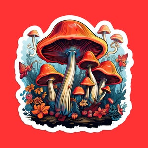 Enchanted Red Mushroom Forest Sticker, Vibrant Mushroom Decal for Laptops, Water Bottles, and Cars