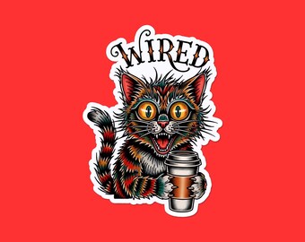 Sticker koffie kat bedrade koffie | Cafeïnehoudende kat in tatoeagestijl | Grappige vinyl sticker espresso | Cafeïne-meme