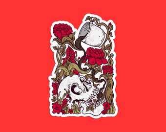 May include: A white skull with a coffee cup pouring coffee into its eye socket. The skull is surrounded by red roses and green vines.