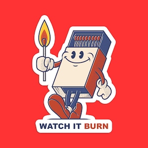 Playful Matchbook Sticker, Watch It Burn Match Design, Cartoon Matchbook Art, Fun Fire Starting Sticker, Mischievous Match Character Decal