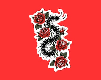 Centipede with Roses Sticker | Gothic Insect Vinyl Decal | Tattoo Style Laptop Sticker | Dark Nature Gift